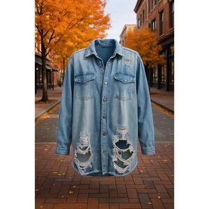 💙American Bazi Distressed Light Wash Denim Jacket – Y2K Grunge 90s Street Style